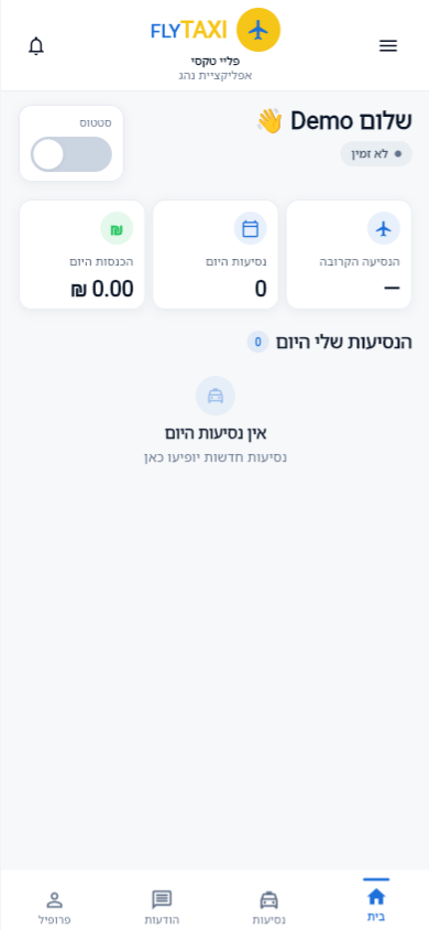 מסך הבית של אפליקציית הנהג של FLYTAXI: נסיעות היום, סטטוס זמינות והכנסות היום